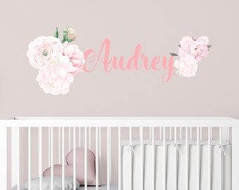 Personalised Names Girl Nursery Wall Decals, Baby Girl Nursery Custom Name Wall Stickers, Peony Nursery Decor