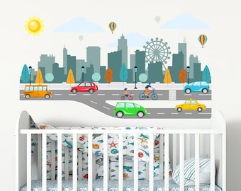 City Wall Decal Nursery / Boys Room Decals / Kids Wall Decal / Skyline Wall Decal / Town Wall Decal Kids / Transportation City Decal / Cars