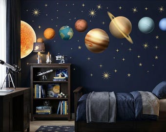 Calcomanías de pared del sistema solar para niños, planetas, pegatinas de pared despegables y adhesivas, juego de calcomanías de estrellas para guardería, calcomanías de galaxia espacial, decoración de habitación de niño
