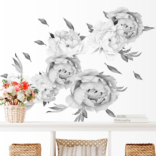 Peony Flowers Wall Decal Black and White Watercolor Peonies Etsy