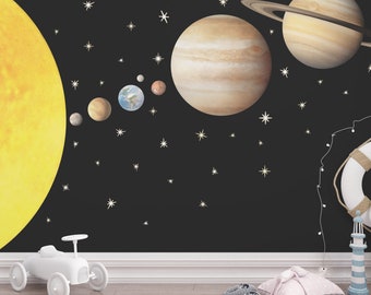 Ruimtestickers met aangepaste sterren voor speelkamer, muurstickers op realistische schaal zonnestelsel voor peuterjongenskamer, stickers astronomie grote jongens
