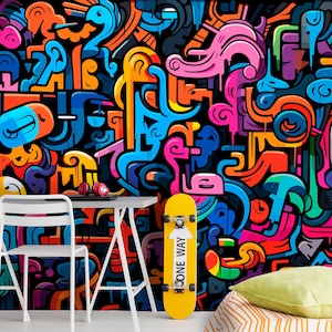 Murale graffiti per camera da letto per adolescenti, carta da parati graffiti colorata per cameretta dei ragazzi, decorazione murale street art per la sala giochi degli adolescenti, arredamento per cameretta dei bambini con vibrazioni urbane