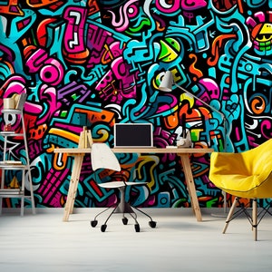 Colorfull Graffiti Peel and Stick Mural Boy Room, Graffiti Teenager Bedroom Wallpaper, Abstract Art Wall Decoration Teen Playroom, Gift Boys