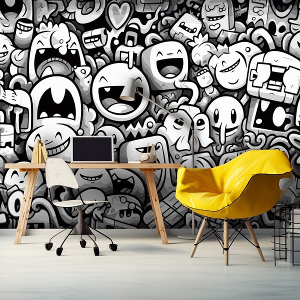 Graffiti Monochrome Wallpaper Peel and Stick Boy Teen Bedroom, Street Art Wall Mural Teenager Room, Removable Urban Wall Decor Boys Playroom