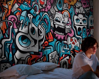 Carta da parati con graffiti staccabile e attaccabile per la camera dei ragazzi, murale con graffiti per la camera da letto dell'adolescente, decorazione colorata con graffiti artistici per la cameretta dei bambini, rimovibile per bambini