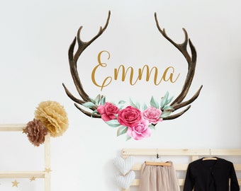 Girl Name Decal Bedroom. Antler Horns with Flowers Wall Sticker Kids. Woodland Nursery Decor. Floral Decal Teen Girl Room above Bed LT8