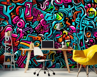 Colorfull Graffiti Peel and Stick Mural Boy Room, Graffiti Teenager Bedroom Wallpaper, Abstract Art Wall Decoration Teen Playroom, Gift Boys