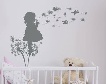 Dandelion Wall Decals. Flower Decal Butterflies Decal. Girl Vinyl Stickers Kids Nursery. Baby Home Bedroom Decor.  T165