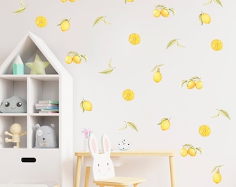 Watercolor Lemons Wall Decal. Fruit Wall Sticker Pattern. Lemon Peel And Stick Decal. Hand Drawn Fruit Wall Decal Pattern.