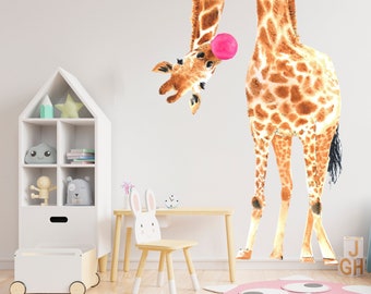 Decalcomania da muro della scuola materna della giraffa - Grande giraffa con gomma da masticare - Adesivo animale giraffa dell'acquerello - Decorazione della casa della ragazza del ragazzo della camera da letto dell'Africa