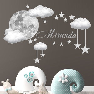 Watercolor Decals Nursery. Girl Name Wall Decor above Crib. Moon and Stars Nursery Wall Decor. Watercolor Clouds Sticker Girl Bedroom LT91