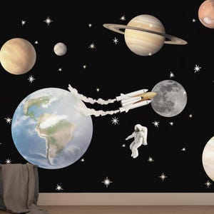 Décalcomanies murales sur le thème de l'espace pour une décoration de chambre de garçon, décalcomanie planète pour décoration d'espace de chambre d'enfant ou de salle de jeux de garçons, ensemble d'autocollants muraux d'astronaute