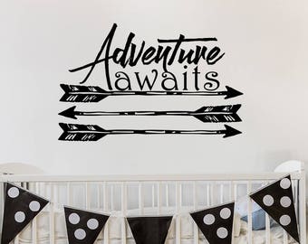 Adventure Awaits Decal, Quote Wall Decals, Boho Arrows Decals, Nursery Vinyl Stickers, Adventure Wall Vinyl Decal, Over Crib Decor.  T32