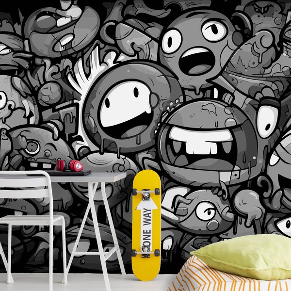 Wallpaper Cartoon Monochrome for Kids Gaming Playroom, Grey Unique Wall Mural Teen Room, Dark Black White Custom Wall Mural Kids Room