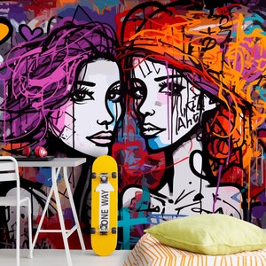 Colorful Peel and Stick Wallpaper decoration of a hall, Graffiti-style art Room for Boys & Girls, Graffiti Wall Mural for Teenager Bedroom