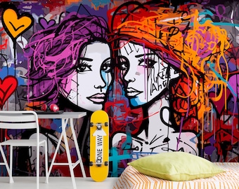 Decorazione colorata con carta da parati stacca e incolla di un corridoio, stanza artistica in stile graffiti per ragazzi e ragazze, murale con graffiti per la camera da letto degli adolescenti