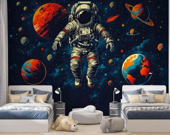Graffiti Astronaut Mural Wallpaper, Space Wallpaper for Teen Boy’s Room Wall Decor, Peel and Stick Mural for Kids Room, Removable Wallpaper