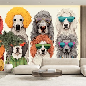 Lebendige Hipster Hunde Tapete, 70er Jahre Hippie Wandbild, Schälen und aufkleben Hunde Kunst, Hunde Wanddekor, Großes Hunde Wandbild, Funky Hair Salon Wandbild