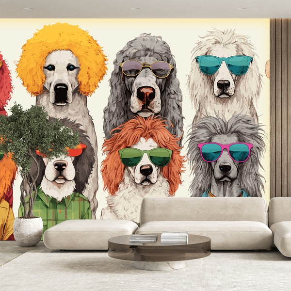 Vibrant Hipster Dogs Wallpaper, 70s Hippie Mural, Peel and Stick Dog Art, Dog Wall Decor, Large Dog Mural, Funky Hair Salon Wall Mural