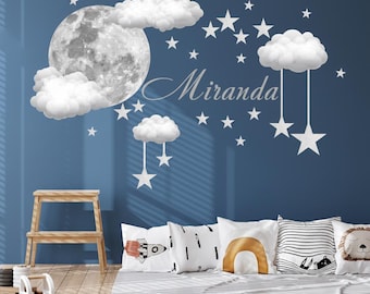 Nursery Wall Decals, Custom Name Wall Sticker for Baby Nursery Decor, Kid Room Wall Decor Moon and Stars Decal, Cloud Stickers