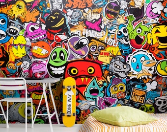 Carta da parati murale con graffiti, stanza stacca e incolla, decorazione artistica colorata in stile graffiti per camera da letto per adolescenti, genere neutro