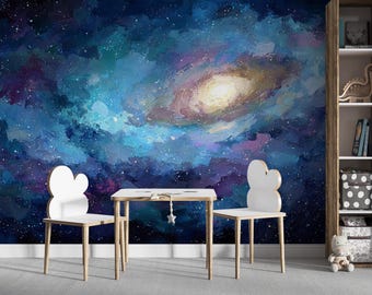 Space Mural Cosmic Decor, Space Wallpaper Mural Peel and Stick for Boy Room Wall Decor, Celestial Wallpaper for Kids Room Stars and Nebula