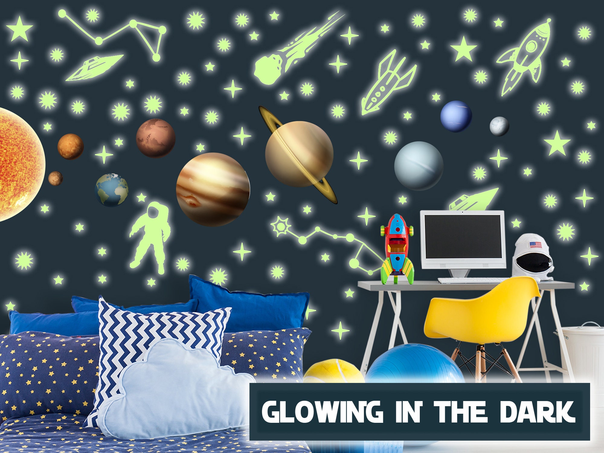 Glow in The Dark Stars for Ceiling, 3D Glowing Star Removable Self-Adhesive Wall Decals,Moon, Rocket and Planets Wall Stickers for Girls Boys Kids DIY