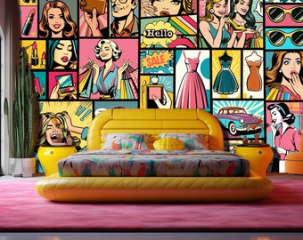 Wallpaper Comics Drama Girl Bedroom, Retro Comic Book Vintage Girls Muurschildering, Love Art Kisses Hearts Wallpaper Lady Woman Room