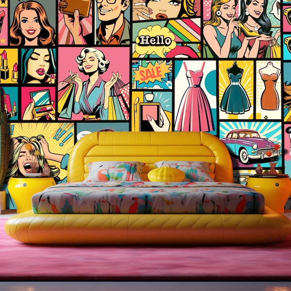 Wallpaper Comics Drama Girl Bedroom, Retro Comic Book Vintage Girls Wall Mural, Love Art Kisses Hearts Wallpaper Lady Woman Room