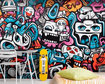 Graffiti Wallpaper Peel and Stick Boys Room, Graffiti Wall Mural Teenager Bedroom, Colorful Graffiti Teen Room Decor for Boy