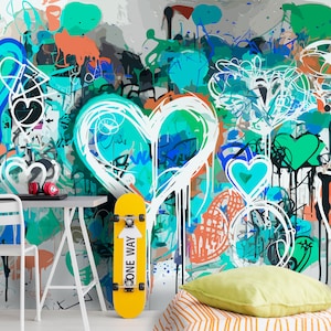 Colorful Wallpaper decoration of a hall, Graffiti-style art Room for Boys & Girls, Peel and Stick Graffiti Wall Mural for Teenager Bedroom