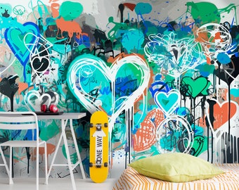 Decorazione di carta da parati colorata di un corridoio, stanza artistica in stile graffiti per ragazzi e ragazze, murale con graffiti stacca e incolla per la camera da letto degli adolescenti
