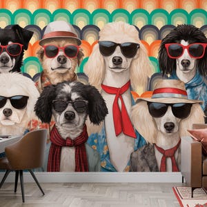 Stylish Accent Dog Wallpaper for Grooming Salon, Hippie Pups in Shades Canine Wall Mural, Retro Dog Wall Paper Water Resistant Peel Stick
