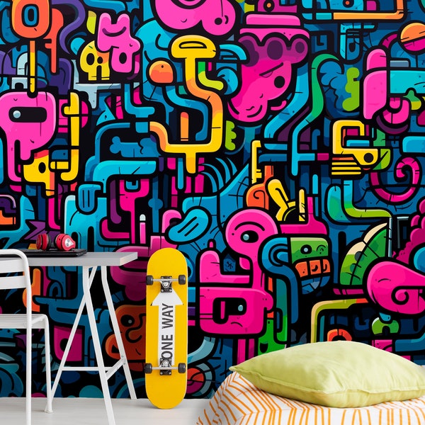 Colorful Graffiti Wallpaper Peel and Stick, Custom Printed Modern Wall Mural for Teenage Girl and Boy Bedroom, Cool Maximalist Wall Art