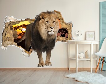 サファリ子供部屋の壁飾り - ライオンのデカール - 3D効果の壁画 - 壁の穴のデカール - 子供用壁デカール - 動物ステッカー - ライオンステッカー