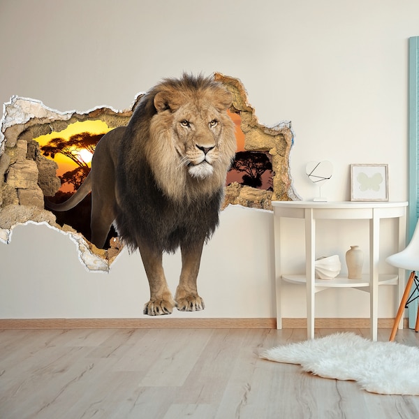 Safari Nursery Wall Decor - Lion Decals - 3D Effect Wall Mural - Hole in the Wall Decal - Kids Wall Decal - Animal Sticker - Lion Sticker