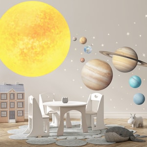 Wall Decals Realistic Solar System, Educational Wall Stickers Sun Earth Saturn Planets Toddler Room, Planet Decal Set Space Theme Playroom