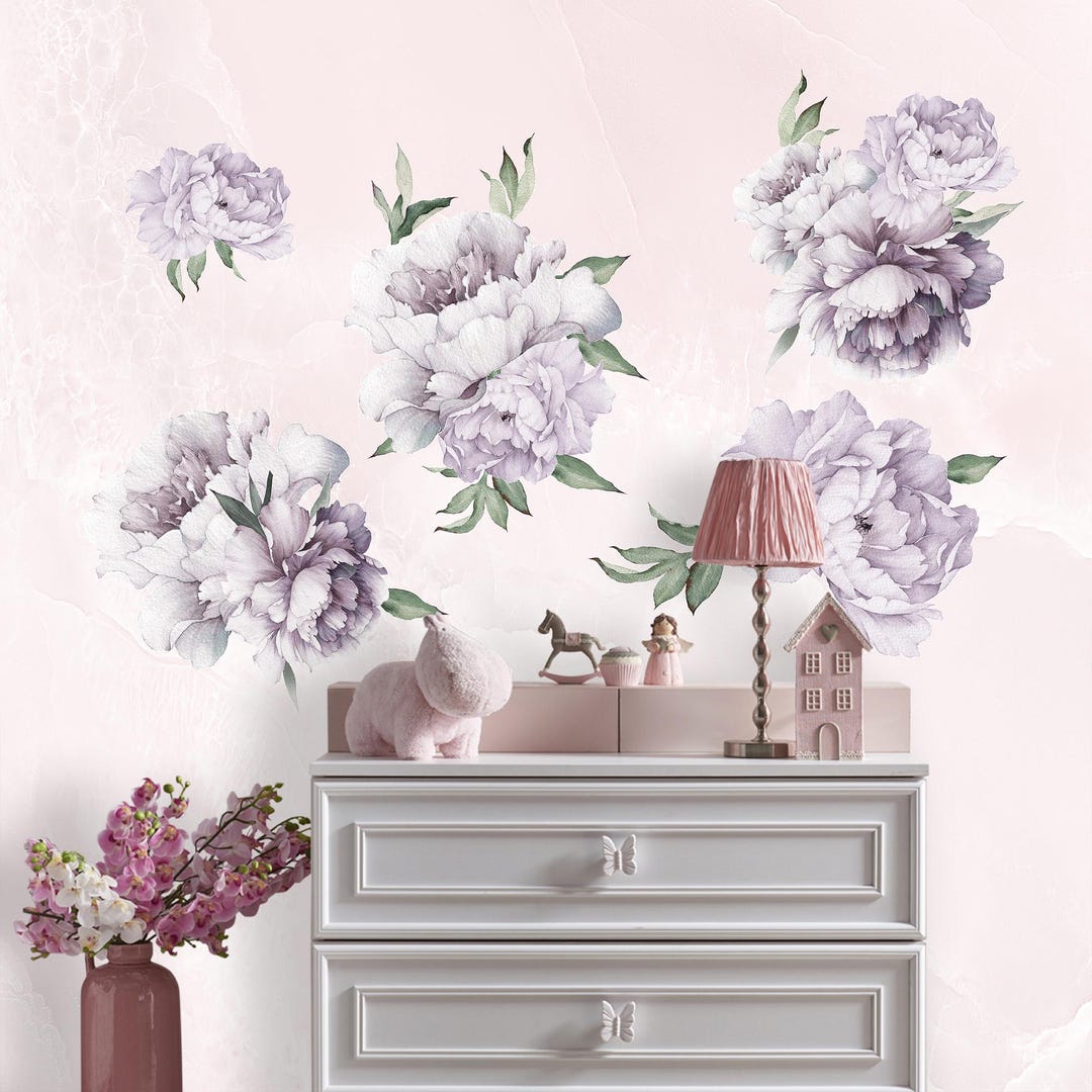 Flower Wall Decals Purple Peony Decals REMOVABLE, Peony Wall Stickers ...