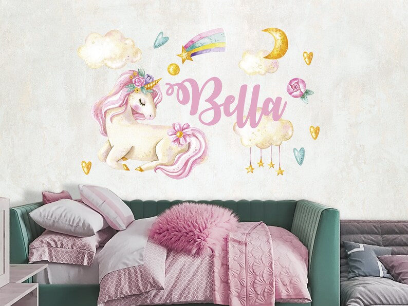 Personalized Watercolor Unicorn Wall Decal Girl Bedroom | Etsy