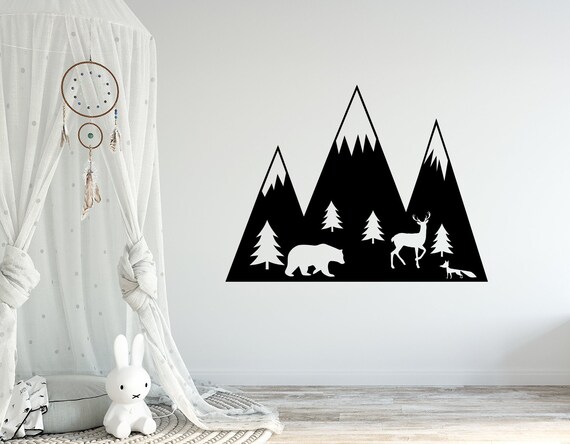 Wall Decal Mountains Boy Nursery Hunting Themed Boy Bedroom Adventure Wall Decor Woodland Sticker Bedroom Pine Tree Forest Decal Lt104