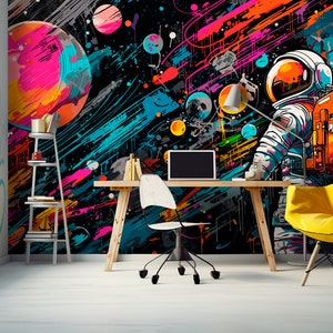 Space Wallpaper Teen Boy Room, Astronaut Modern Wallpaper Boy Bedroom, Dark Colorful Graffiti Wall Mural, Cool Masculine Galaxy Wallpaper