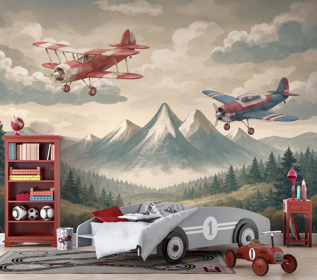 Airplane Nursery Wallpaper Mural, Boy Nursery Decor Retro Planes ...