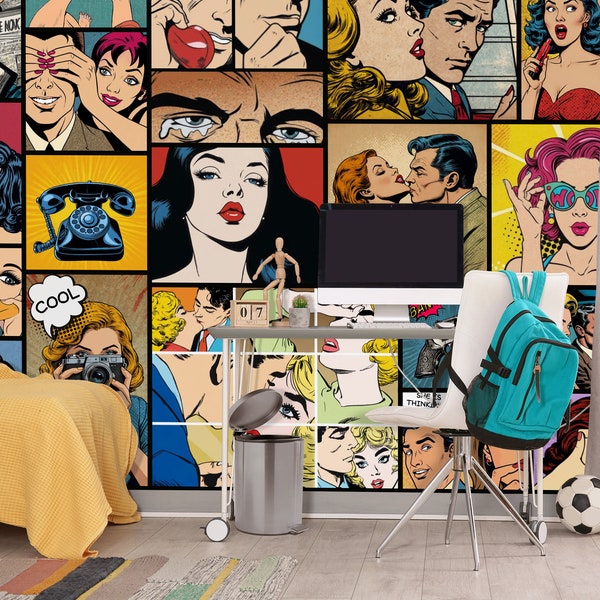 Comics Posters Wallpaper Retro Bedroom, Comic Book 70s Large Wall Mural, Comics Romance Art Wallpaper Girl Room, Comics Wallpaper Bathroom