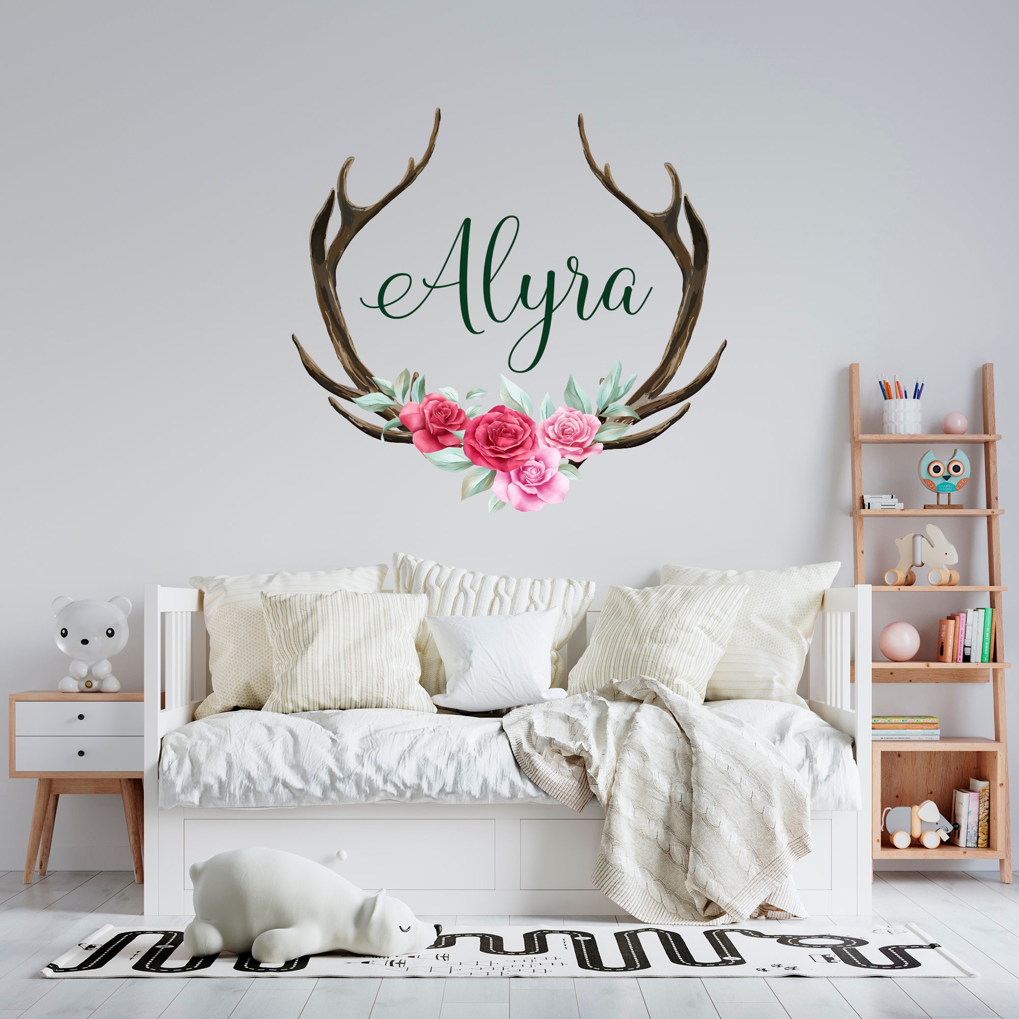 Girl Name Decal Bedroom. Antler Horns With Flowers Wall Sticker Kids ...