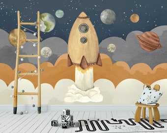 Rocket Space Ship Playroom Wall Decor / Spaceship Wallpaper For Boy Bedroom Nursery /Space Themed Wall Mural / Space Themed Boy Wallpaper