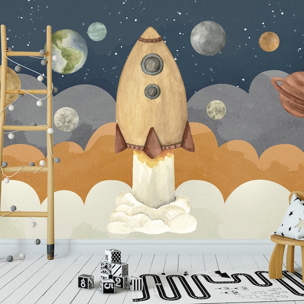 Rocket Space Ship Playroom Wall Decor / Spaceship Wallpaper For Boy Bedroom Nursery /Space Themed Wall Mural / Space Themed Boy Wallpaper