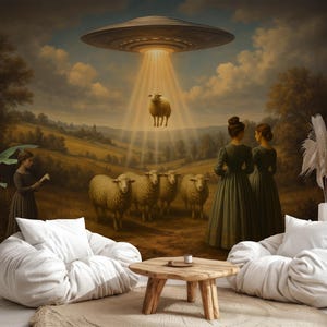 Pode incluir: Um mural de parede caprichoso que retrata uma cena pastoral com um OVNI abduzindo uma ovelha. Duas mulheres em vestidos verdes estão em um campo, enquanto outra lê um livro. A cena se passa em um cenário de colinas e céu nublado.