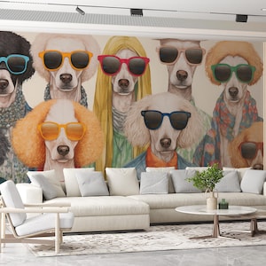 Hipster Dogs Wallpaper, Funny Pups in Shades, Cool Doggies Wall Mural for Grooming Salon, Retro Style Hippie Dogs  Wallpaper