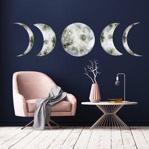 Watercolor Moon Phase Wall Decal Bedroom / Full Moon Wall Sticker / Black & White Watercolor Moon Wall Mural / Moon Headboard Decals