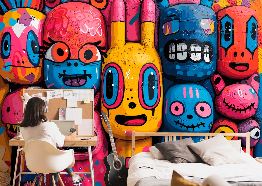 3D Rabbits Graffiti Wallpaper Teen Bedroom, Abstract Bunnies Street Art ...